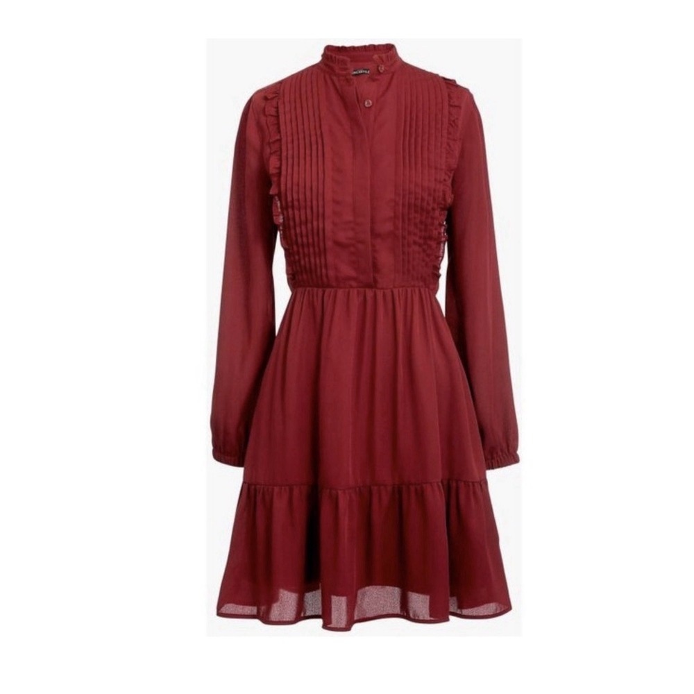 J.Crew Mercantile Pintuck Ruffle Tiered Long Sleeve Dress Burgundy Red Sz 14